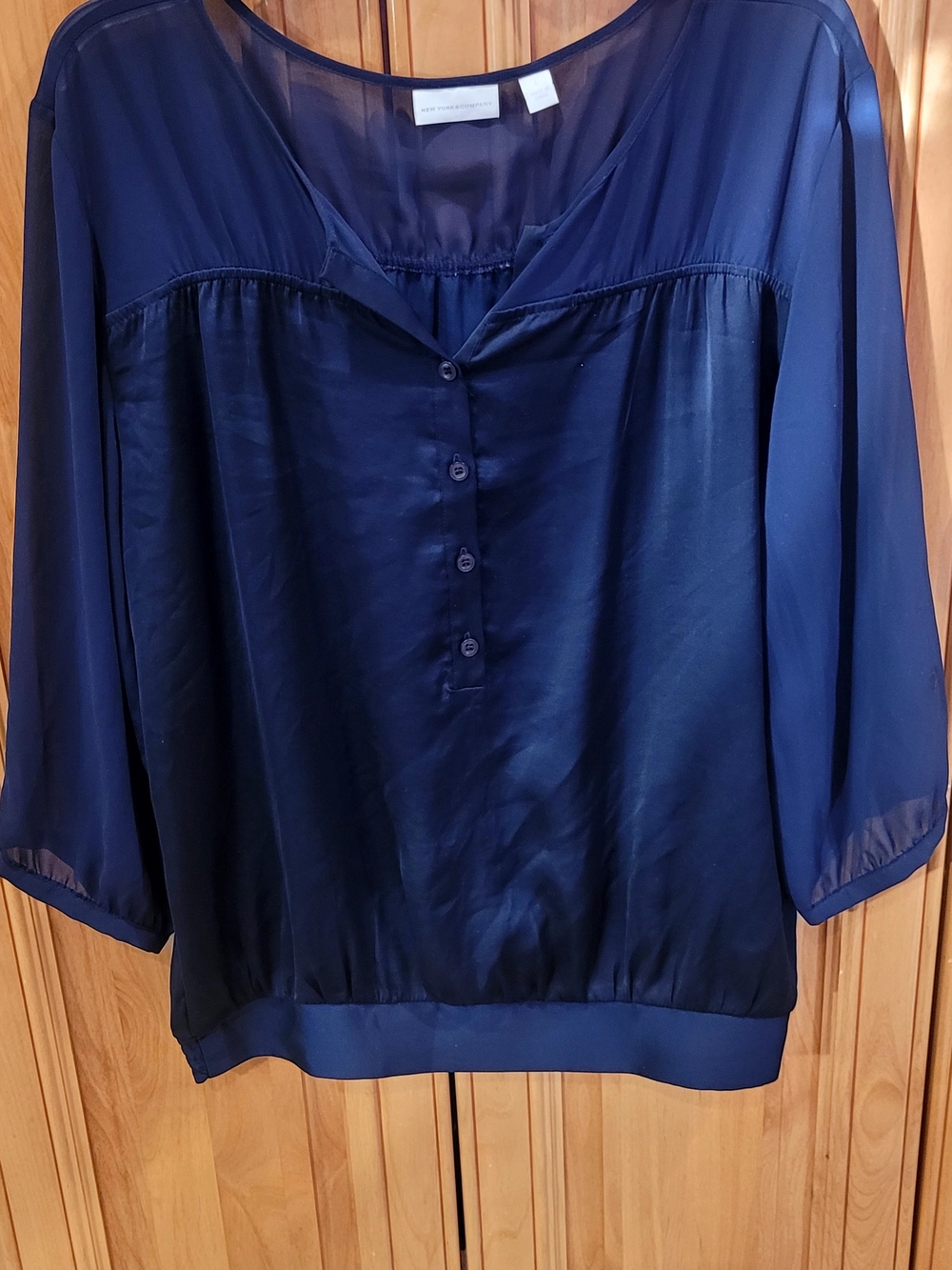 New York &Company Chiffon Button-Front Navy Women's Blouse